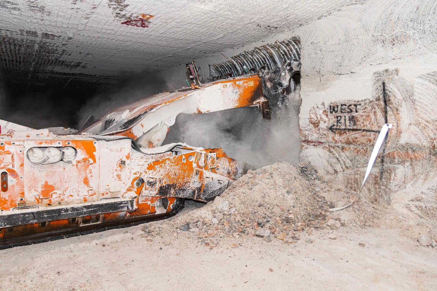 Miner machine cuts into salt rock in Panel 11